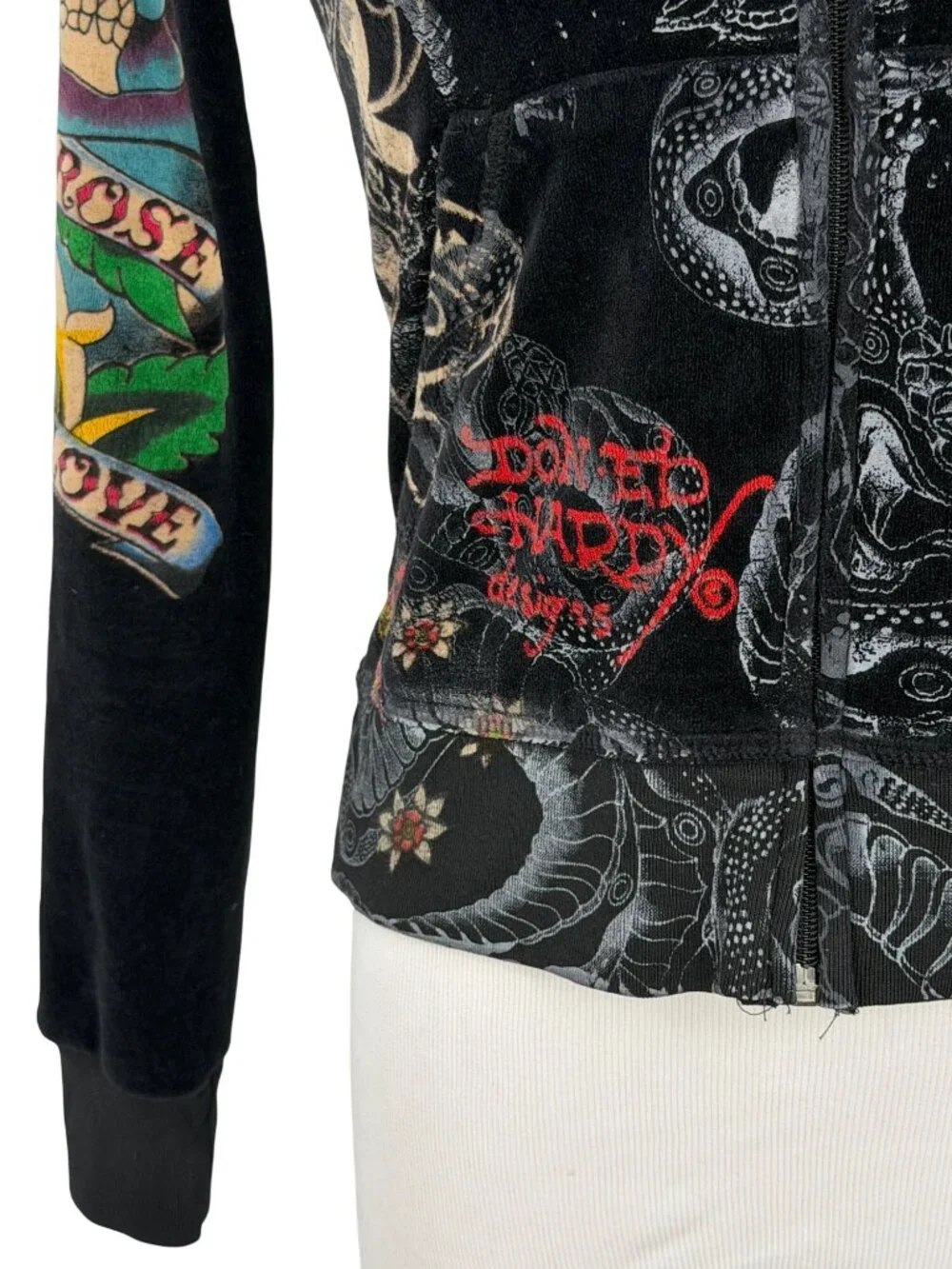 VTG Ed Hardy Black Velour Zip Up Tattoo Hoodie | McBling Indie Sleaze Trashy Y2K - Picture 4 of 16